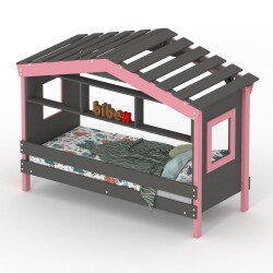 DOLCE NIDO Kinderbett, Spielbett, Jugendbett, Spielhaus, massive Kiefer, Anthrazit/Rosa mit Regal ohne Ausziehbett