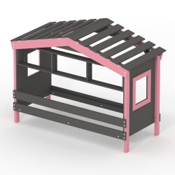 DOLCE NIDO Kinderbett, Spielbett, Jugendbett, Spielhaus, massive Kiefer, Anthrazit/Rosa mit Regal ohne Ausziehbett