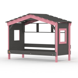 DOLCE NIDO Kinderbett, Spielbett, Jugendbett, Spielhaus, massive Kiefer, Anthrazit/Rosa mit Regal ohne Ausziehbett