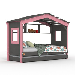 DOLCE NIDO childrens bed, play bed, youth bed, playhouse, solid pine, anthracite/pink with shelf and pull-out bed