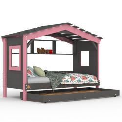 DOLCE NIDO childrens bed, play bed, youth bed, playhouse, solid pine, anthracite/pink with shelf and pull-out bed