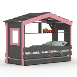 DOLCE NIDO childrens bed, play bed, youth bed, playhouse, solid pine, anthracite/pink with shelf and pull-out bed