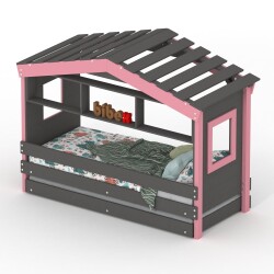 DOLCE NIDO childrens bed, play bed, youth bed, playhouse, solid pine, anthracite/pink with shelf and pull-out bed