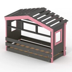 DOLCE NIDO childrens bed, play bed, youth bed, playhouse, solid pine, anthracite/pink with shelf and pull-out bed