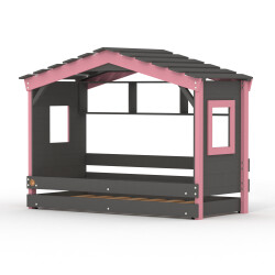 DOLCE NIDO childrens bed, play bed, youth bed, playhouse, solid pine, anthracite/pink with shelf and pull-out bed
