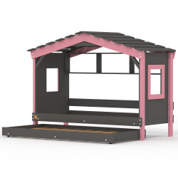 DOLCE NIDO childrens bed, play bed, youth bed, playhouse, solid pine, anthracite/pink with shelf and pull-out bed