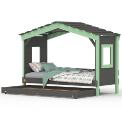 DOLCE NIDO lit enfant, lit de jeu, lit adolescent, maisonnette de jeu, pin massif, anthracite/vert sans étagère, avec lit gigogne