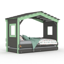 DOLCE NIDO lit enfant, lit de jeu, lit adolescent, maisonnette de jeu, pin massif, anthracite/vert sans étagère, avec lit gigogne