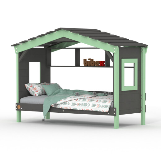 DOLCE NIDO childrens bed, play bed, youth bed, playhouse, solid pine, anthracite/green with shelf, without pull-out bed