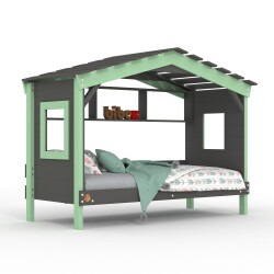 DOLCE NIDO childrens bed, play bed, youth bed, playhouse, solid pine, anthracite/green with shelf, without pull-out bed