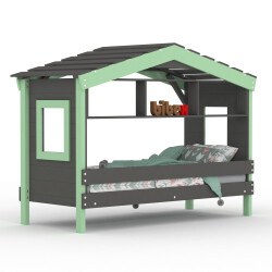DOLCE NIDO childrens bed, play bed, youth bed, playhouse, solid pine, anthracite/green with shelf, without pull-out bed