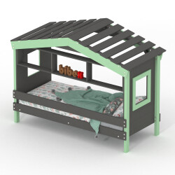 DOLCE NIDO childrens bed, play bed, youth bed, playhouse, solid pine, anthracite/green with shelf, without pull-out bed