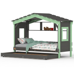 DOLCE NIDO letto per bambini, letto da gioco, letto per ragazzi, casetta da gioco, pino massiccio, antracite/verde con scaffale e letto estraibile