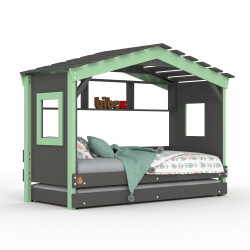 DOLCE NIDO letto per bambini, letto da gioco, letto per ragazzi, casetta da gioco, pino massiccio, antracite/verde con scaffale e letto estraibile