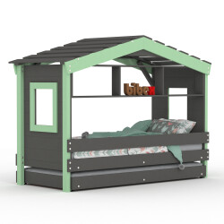 DOLCE NIDO letto per bambini, letto da gioco, letto per ragazzi, casetta da gioco, pino massiccio, antracite/verde con scaffale e letto estraibile