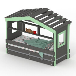 DOLCE NIDO letto per bambini, letto da gioco, letto per ragazzi, casetta da gioco, pino massiccio, antracite/verde con scaffale e letto estraibile