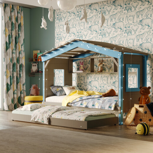 Hausbett DOLCE NIDO in Anthrazit/Blau – Kinderbett und Jugendbett