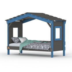 DOLCE NIDO childrens bed, play bed, youth bed, playhouse, solid pine, anthracite/blue without shelf, without pull-out bed