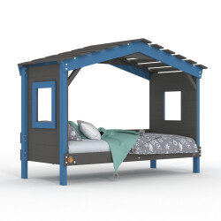 DOLCE NIDO childrens bed, play bed, youth bed, playhouse, solid pine, anthracite/blue without shelf, without pull-out bed