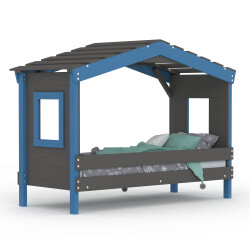 DOLCE NIDO childrens bed, play bed, youth bed, playhouse, solid pine, anthracite/blue without shelf, without pull-out bed