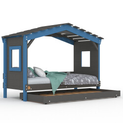 DOLCE NIDO lit enfant, lit de jeu, lit adolescent, maisonnette de jeu, pin massif, anthracite/bleu sans étagère, avec lit gigogne