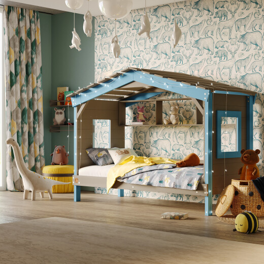 DOLCE NIDO childrens bed, play bed, youth bed, playhouse, solid pine, anthracite/blue with shelf, without pull-out bed