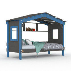 DOLCE NIDO childrens bed, play bed, youth bed, playhouse, solid pine, anthracite/blue with shelf, without pull-out bed