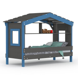 DOLCE NIDO childrens bed, play bed, youth bed, playhouse, solid pine, anthracite/blue with shelf, without pull-out bed