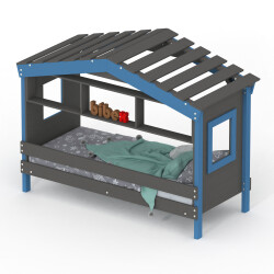 DOLCE NIDO childrens bed, play bed, youth bed, playhouse, solid pine, anthracite/blue with shelf, without pull-out bed