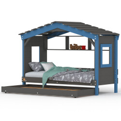 Hausbett DOLCE NIDO in Anthrazit/Blau – Kinderbett und Jugendbett mit Regal und Ausziehbett