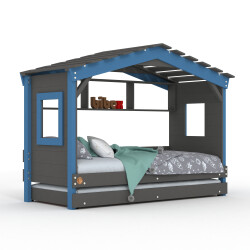 Hausbett DOLCE NIDO in Anthrazit/Blau – Kinderbett und Jugendbett mit Regal und Ausziehbett