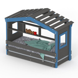 Hausbett DOLCE NIDO in Anthrazit/Blau – Kinderbett und Jugendbett mit Regal und Ausziehbett