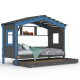 Hausbett DOLCE NIDO in Anthrazit/Blau – Kinderbett und Jugendbett mit Regal und Ausziehbett