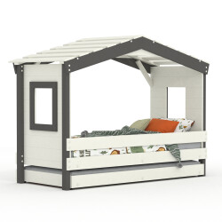 DOLCE NIDO lit enfant, lit de jeu, lit adolescent, maisonnette de jeu, pin massif, blanc/anthracite sans étagère, avec lit gigogne