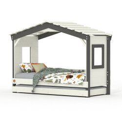 DOLCE NIDO lit enfant, lit de jeu, lit adolescent, maisonnette de jeu, pin massif, blanc/anthracite sans étagère, avec lit gigogne