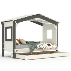 DOLCE NIDO lit enfant, lit de jeu, lit adolescent, maisonnette de jeu, pin massif, blanc/anthracite sans étagère, avec lit gigogne