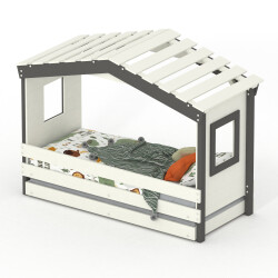 DOLCE NIDO lit enfant, lit de jeu, lit adolescent, maisonnette de jeu, pin massif, blanc/anthracite sans étagère, avec lit gigogne