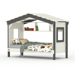 Hausbett DOLCE NIDO in Weiß/Anthrazit – Kinderbett und Jugendbett mit Regal