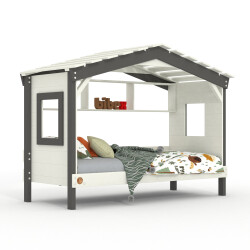 Hausbett DOLCE NIDO in Weiß/Anthrazit – Kinderbett und Jugendbett mit Regal