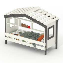Hausbett DOLCE NIDO in Weiß/Anthrazit – Kinderbett und Jugendbett mit Regal