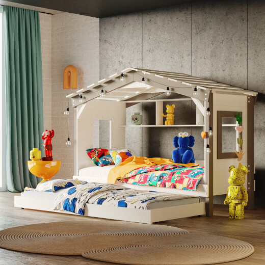 Hausbett DOLCE NIDO in Weiß/Anthrazit – Kinderbett und Jugendbett mit Regal und Ausziehbett