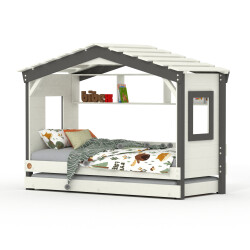 Hausbett DOLCE NIDO in Weiß/Anthrazit – Kinderbett und Jugendbett mit Regal und Ausziehbett
