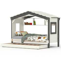 Hausbett DOLCE NIDO in Weiß/Anthrazit – Kinderbett und Jugendbett mit Regal und Ausziehbett