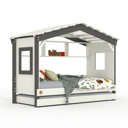 Hausbett DOLCE NIDO in Weiß/Anthrazit – Kinderbett und Jugendbett mit Regal und Ausziehbett