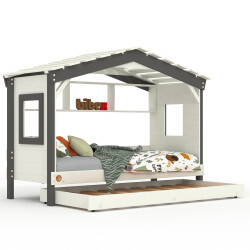 Hausbett DOLCE NIDO in Weiß/Anthrazit – Kinderbett und Jugendbett mit Regal und Ausziehbett