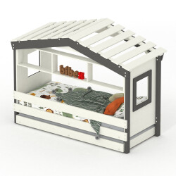 Hausbett DOLCE NIDO in Weiß/Anthrazit – Kinderbett und Jugendbett mit Regal und Ausziehbett