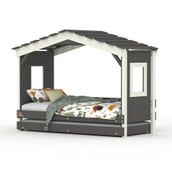 DOLCE NIDO childrens bed, play bed, youth bed, playhouse, solid pine, anthracite/white without shelf with pull-out bed