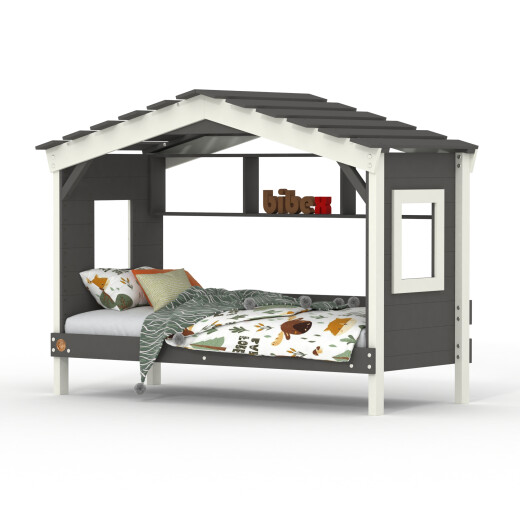 DOLCE NIDO lit enfant, lit de jeu, lit adolescent, maisonnette de jeu, pin massif, anthracite/blanc avec étagère sans lit gigogne