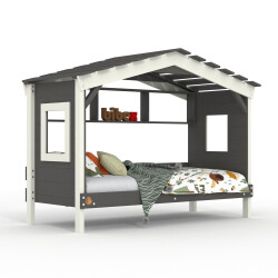 DOLCE NIDO lit enfant, lit de jeu, lit adolescent, maisonnette de jeu, pin massif, anthracite/blanc avec étagère sans lit gigogne
