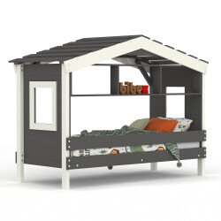 DOLCE NIDO lit enfant, lit de jeu, lit adolescent, maisonnette de jeu, pin massif, anthracite/blanc avec étagère sans lit gigogne